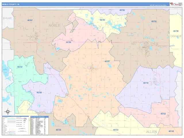 Noble County, IN ZIP Code Wall Map, ColorCast style