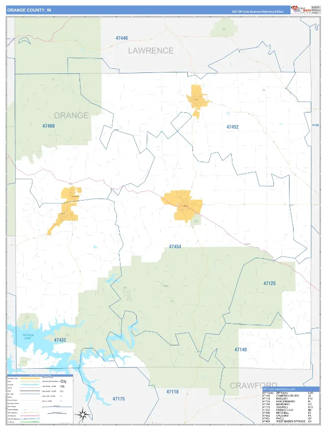 Orange County, IN ZIP Code Wall Map, Business Reference style