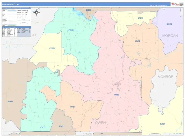 Owen County, IN ZIP Code Wall Map, ColorCast style