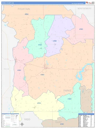 Parke County, IN ColorCast style ZIP Code wall map
