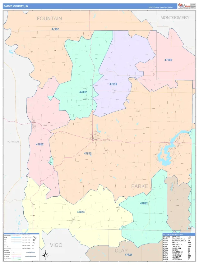 Parke County, IN ZIP Code Wall Map, ColorCast style