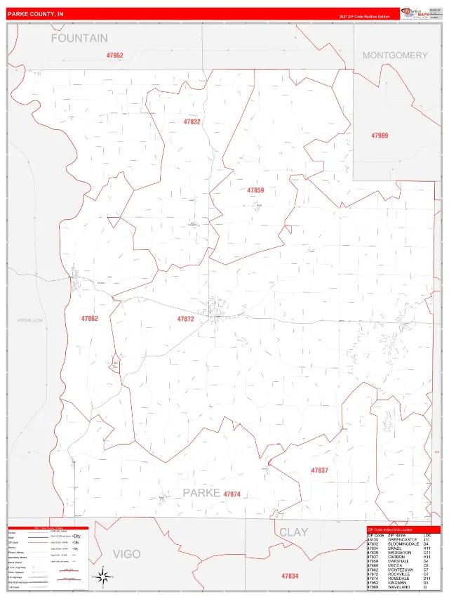 Parke County, IN ZIP Code Wall Map, RedLine style