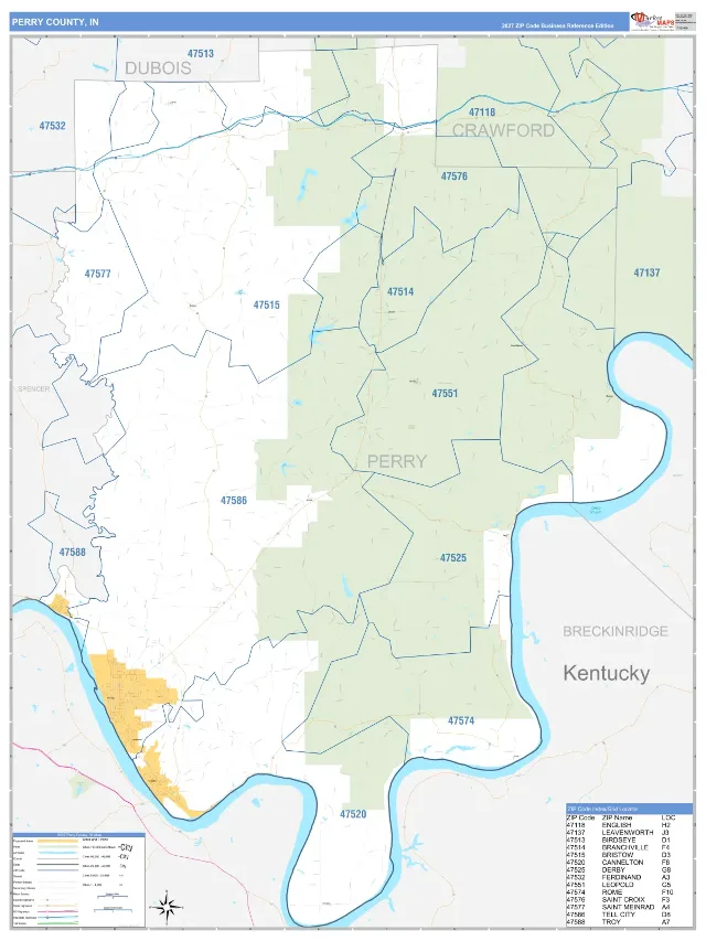 Perry County, IN ZIP Code Wall Map, Business Reference style
