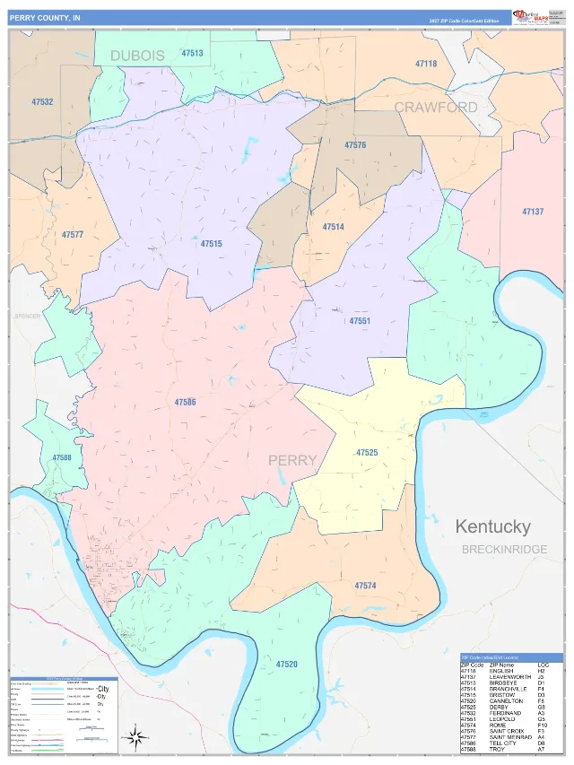 Perry County, IN ZIP Code Wall Map, ColorCast style