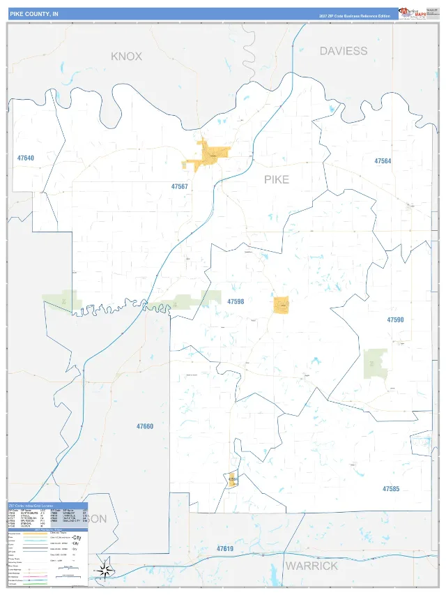 Pike County, IN ZIP Code Wall Map, Business Reference style
