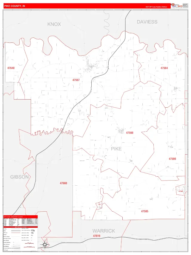 Pike County, IN ZIP Code Wall Map, RedLine style