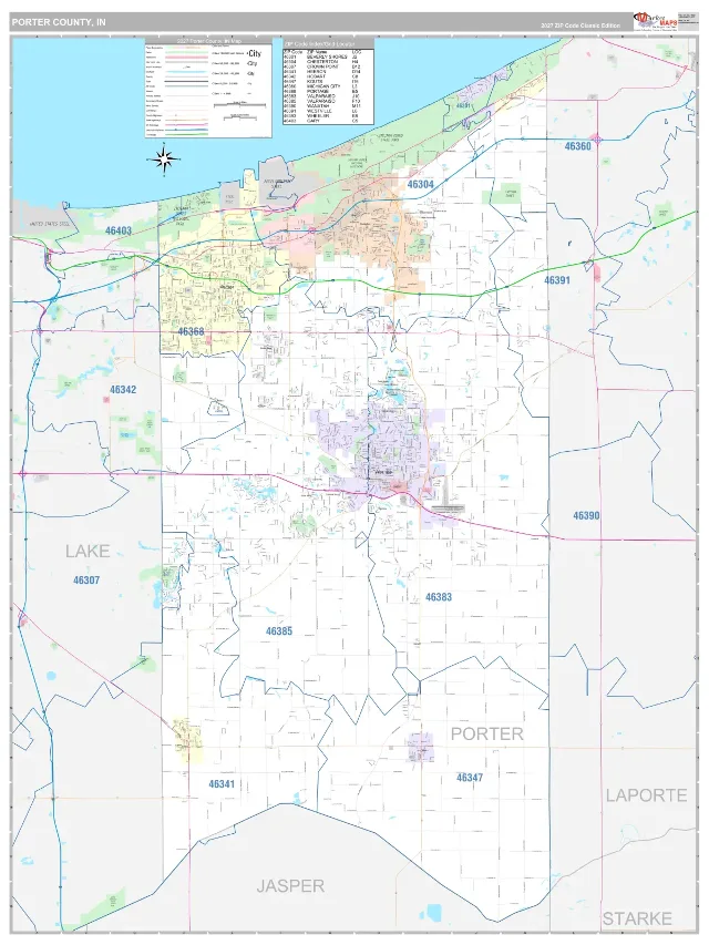 Porter County, IN ZIP Code Wall Map, Classic style