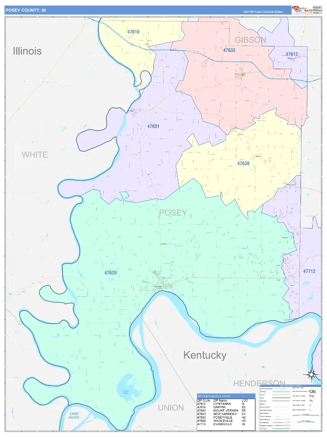 Posey County, IN ZIP Code Wall Map, ColorCast style