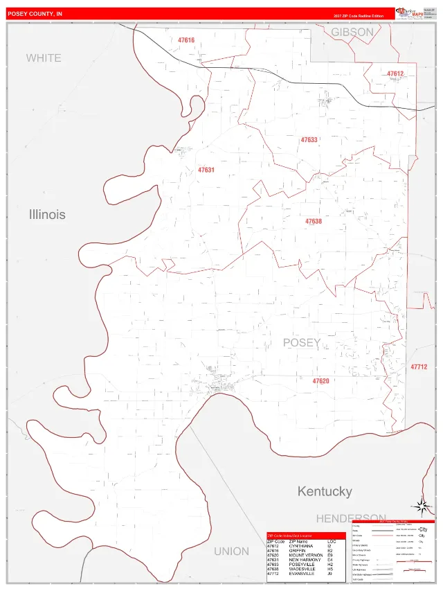 Posey County, IN ZIP Code Wall Map, RedLine style