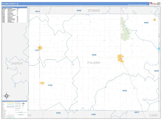 Pulaski County, IN ZIP Code Wall Map, Business Reference style