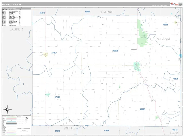 Pulaski County, IN ZIP Code Wall Map, Classic style