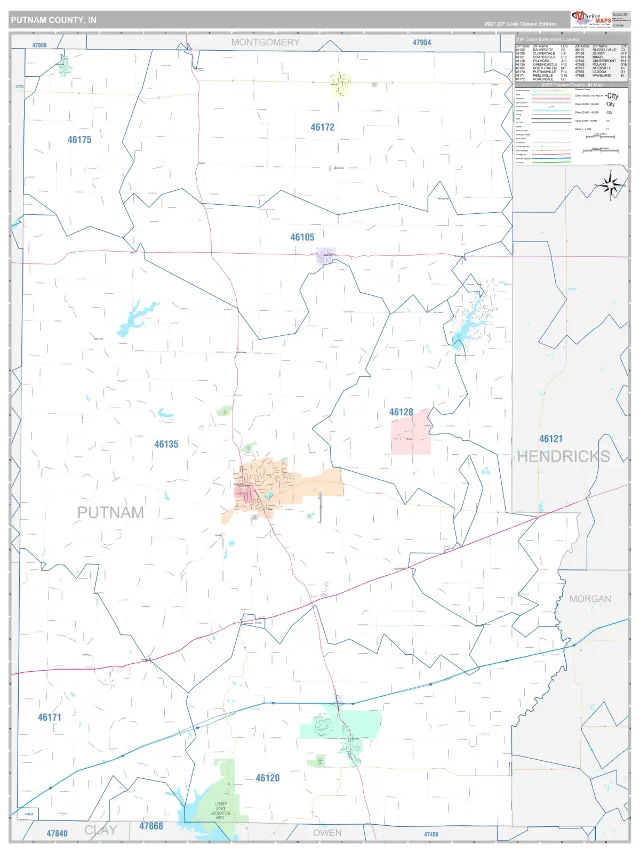 Putnam County, IN ZIP Code Wall Map, Classic style
