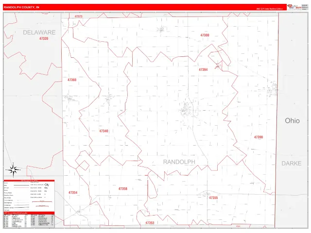 Randolph County, IN ZIP Code Wall Map, RedLine style