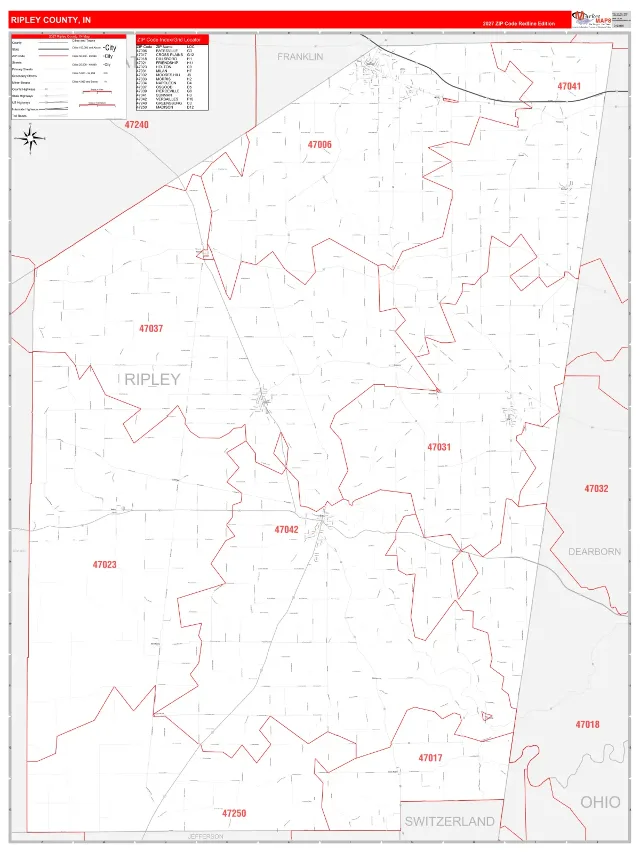 Ripley County, IN ZIP Code Wall Map, RedLine style