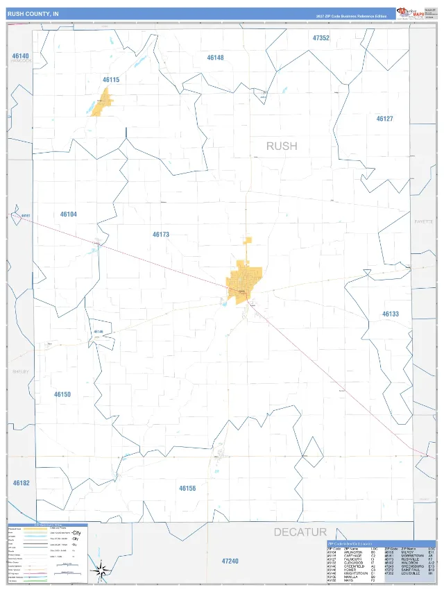 Rush County, IN ZIP Code Wall Map, Business Reference style