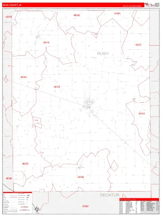 Rush County, IN RedLine style ZIP Code wall map
