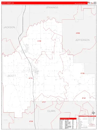 Scott County, IN RedLine style ZIP Code wall map