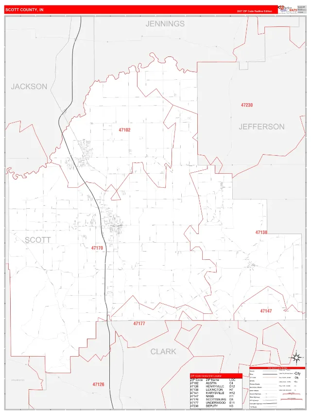 Scott County, IN ZIP Code Wall Map, RedLine style
