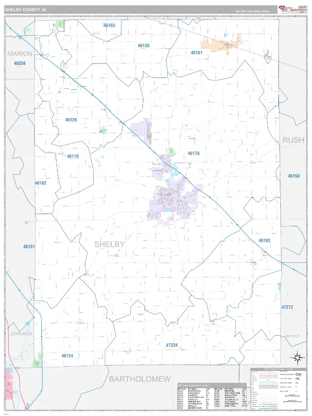 Shelby County, IN ZIP Code Wall Map, Classic style