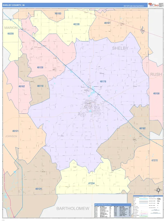 Shelby County, IN ZIP Code Wall Map, ColorCast style