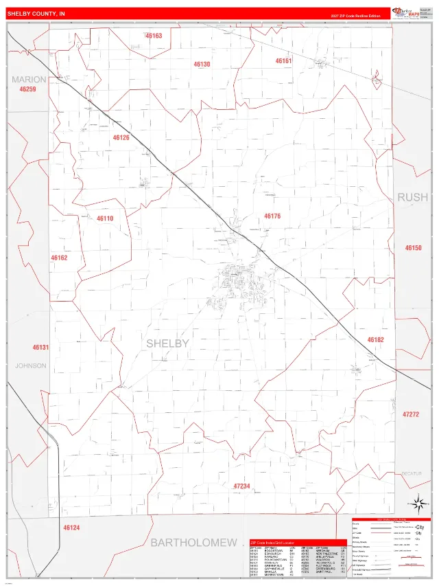 Shelby County, IN ZIP Code Wall Map, RedLine style