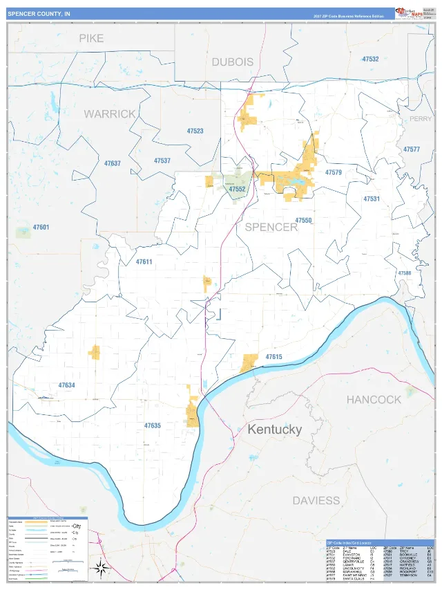Spencer County, IN ZIP Code Wall Map, Business Reference style