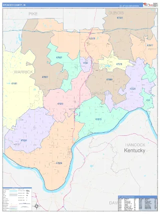 Spencer County, IN ColorCast style ZIP Code wall map