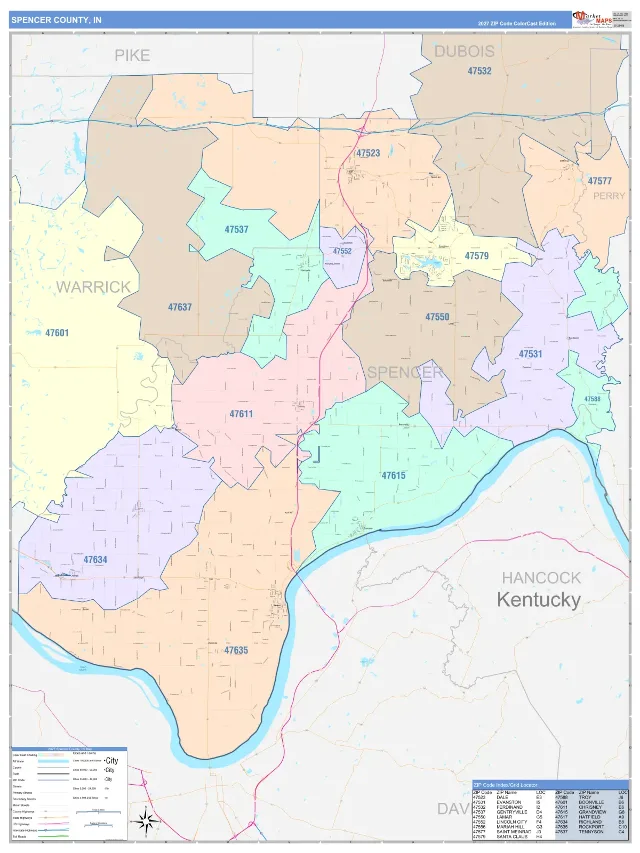 Spencer County, IN ZIP Code Wall Map, ColorCast style