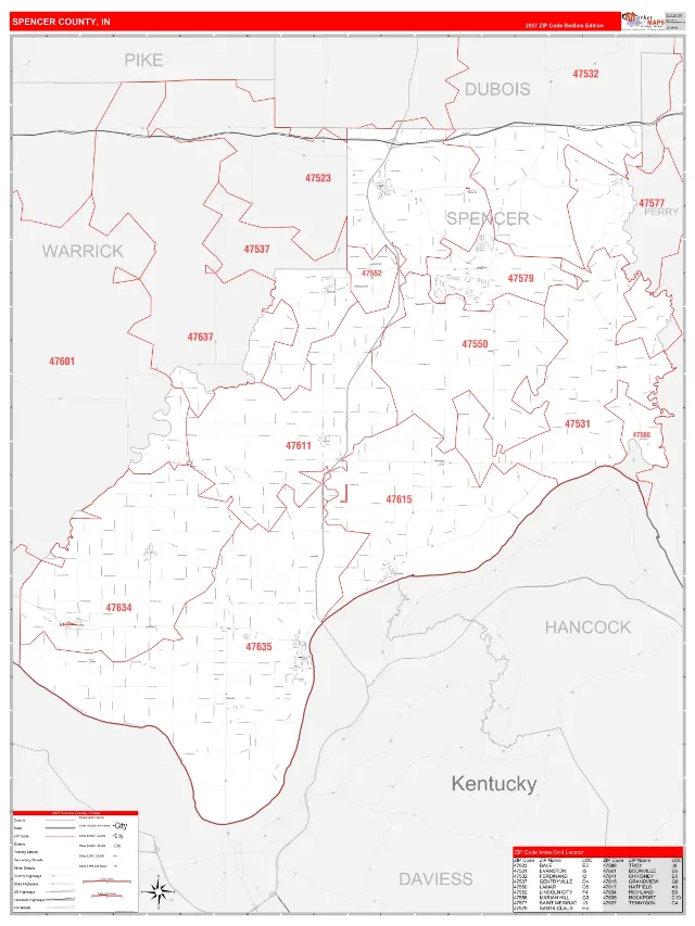 Spencer County, IN ZIP Code Wall Map, RedLine style