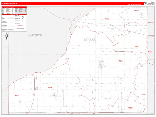 Starke County, IN ZIP Code Wall Map, RedLine style
