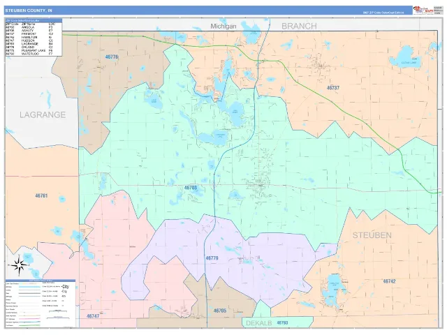 Steuben County, IN ZIP Code Wall Map, ColorCast style