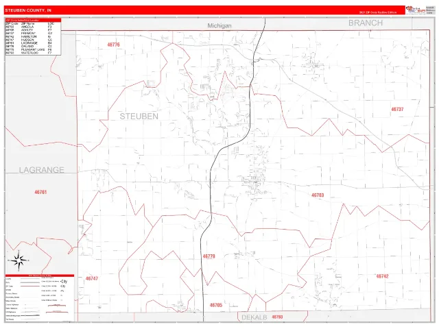 Steuben County, IN ZIP Code Wall Map, RedLine style