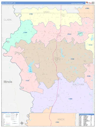 Sullivan County, IN ColorCast style ZIP Code wall map