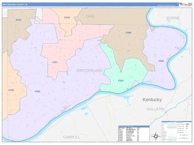 Switzerland County, IN ZIP Code Wall Map, ColorCast style