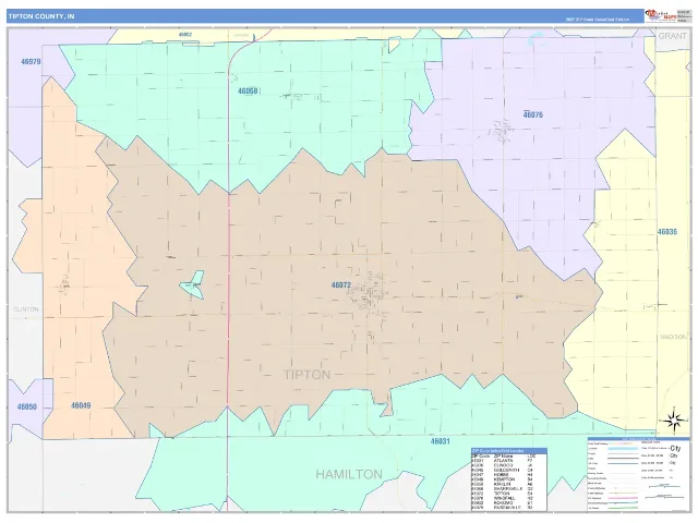 Tipton County, IN ZIP Code Wall Map, ColorCast style