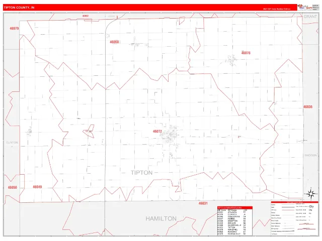 Tipton County, IN ZIP Code Wall Map, RedLine style