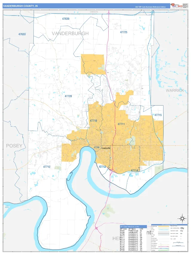 Vanderburgh County, IN ZIP Code Wall Map, Business Reference style