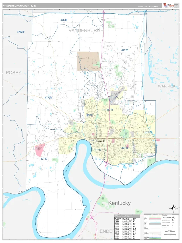 Vanderburgh County, IN ZIP Code Wall Map, Classic style