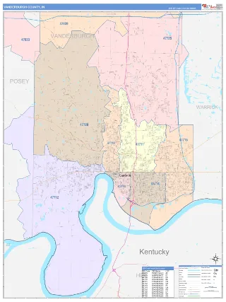 Vanderburgh County, IN ColorCast style ZIP Code wall map