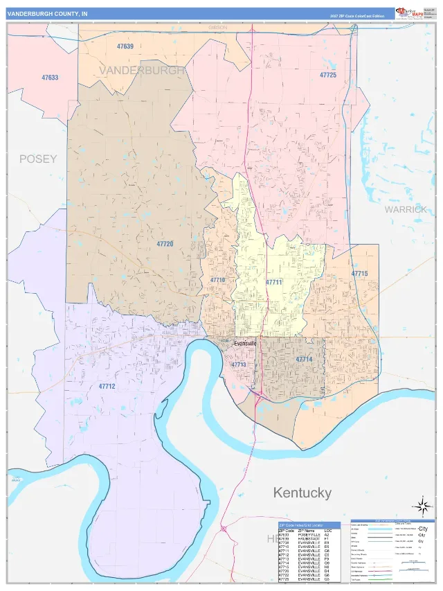 Vanderburgh County, IN ZIP Code Wall Map, ColorCast style