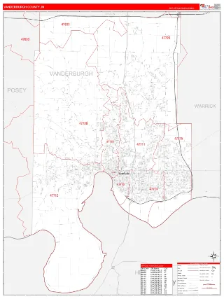 Vanderburgh County, IN RedLine style ZIP Code wall map