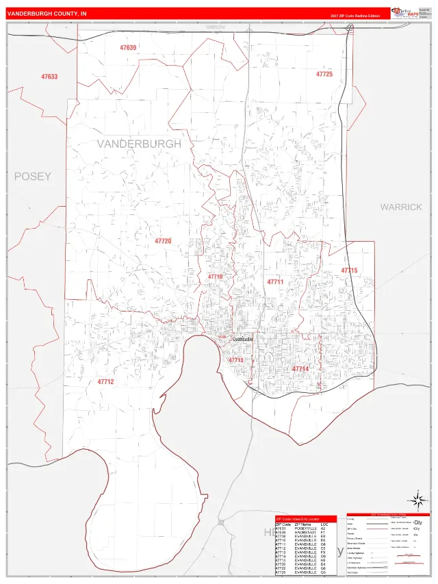 Vanderburgh County, IN ZIP Code Wall Map, RedLine style