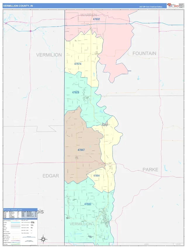 Vermillion County, IN ZIP Code Wall Map, ColorCast style