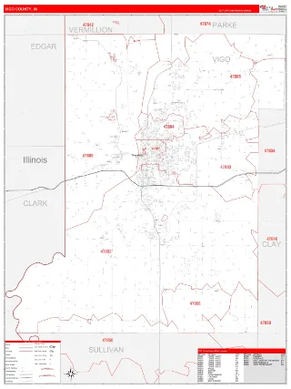 Vigo County, IN RedLine style ZIP Code wall map