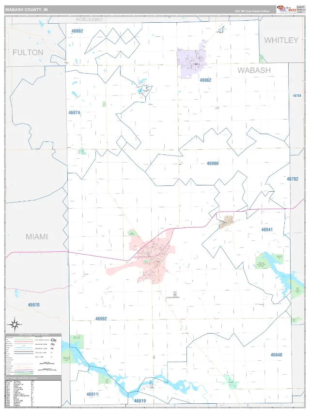 Wabash County, IN ZIP Code Wall Map, Classic style