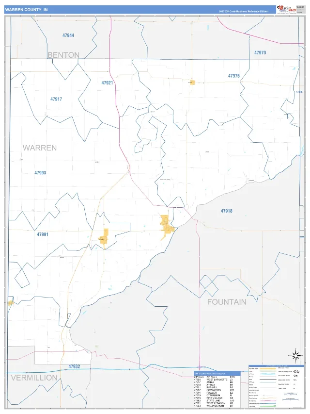 Warren County, IN ZIP Code Wall Map, Business Reference style