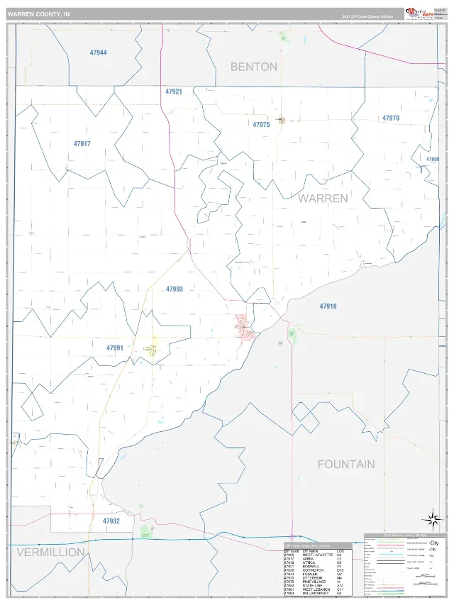 Warren County, IN ZIP Code Wall Map, Classic style