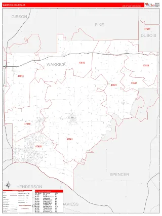 Warrick County, IN RedLine style ZIP Code wall map