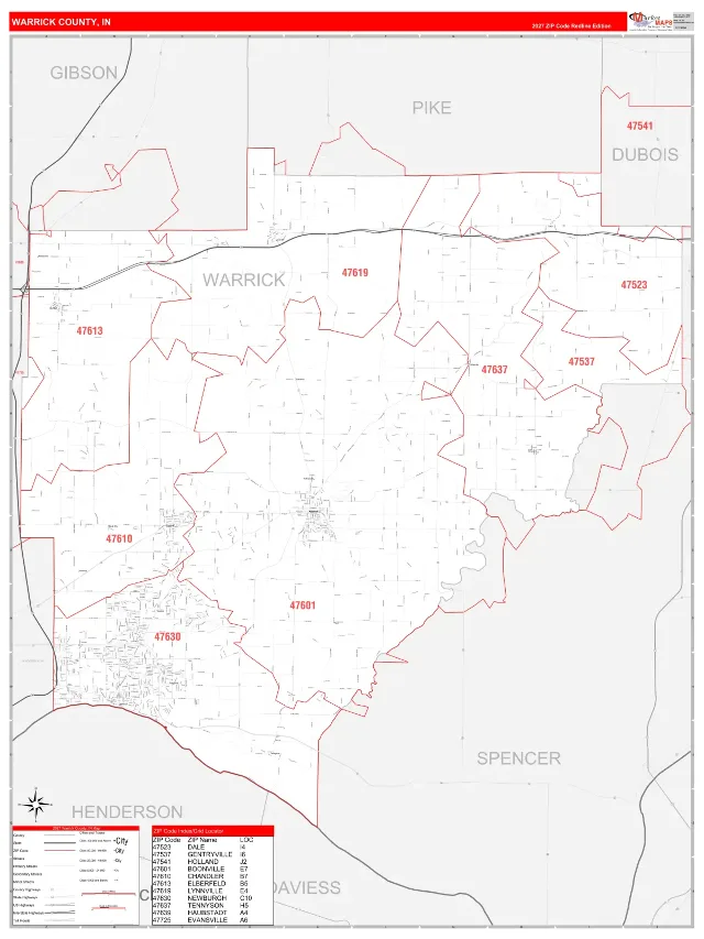 Warrick County, IN ZIP Code Wall Map, RedLine style