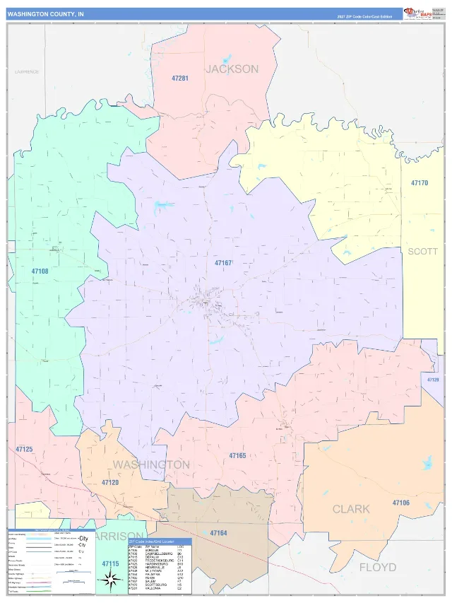 Washington County, IN ZIP Code Wall Map, ColorCast style
